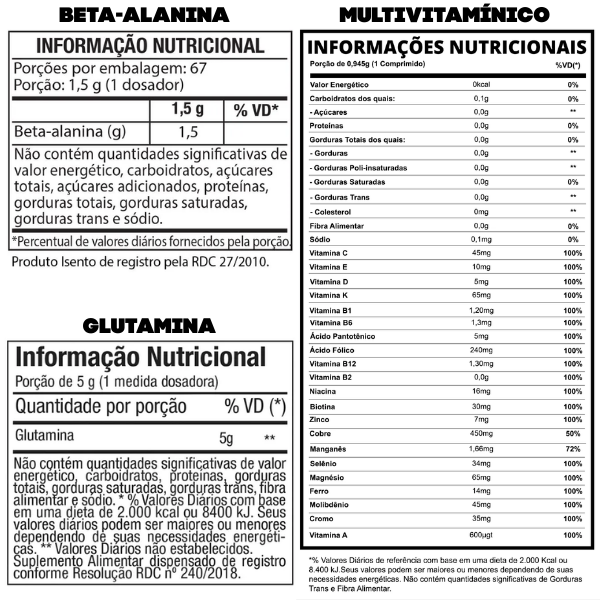 Combo 1 Beta-Alanina, 1 Glutamina e 1 Multivitamínico