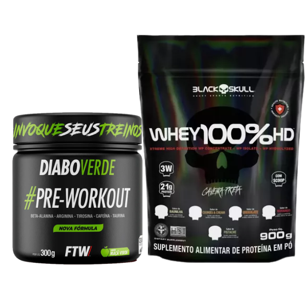 Combo Whey 3W 900g Black Skull e Pré-Treino Diabo Verde 300g - FTW