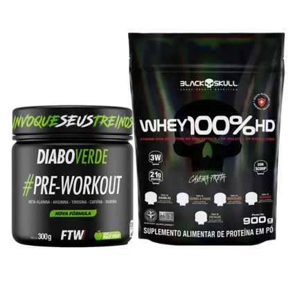Combo Whey 3W 900g Black Skull e Pré-Treino Diabo Verde 300g - FTW